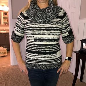 black and white sweater with cowl neck